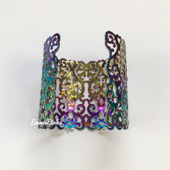 New Hollowed Out Scroll Metal Oil Slick Holographic Cuff Bracelet - Picture 3 of 16